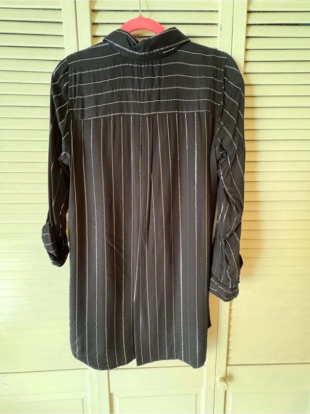 Black Pinstripe Button-Up Tunic Shirt Dress